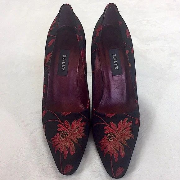 VINTAGE BALLY RED AND BLACK FLORAL PRINT STILETTO HEELS - Picture 1 of 6